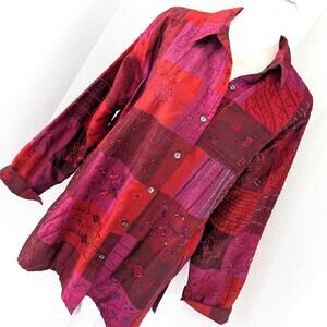 NWOT! CHICO'S! SILK! SHADES OF RED PATCHWORK BEAD/EMBROIDER TOP JACKET! SZ 10/12